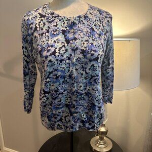 TALBOTS WOMENS BLUE FLORAL 3/4 SLEEVE SWEATER  LIGHTWEIGHT MP MEDIUM PETITE